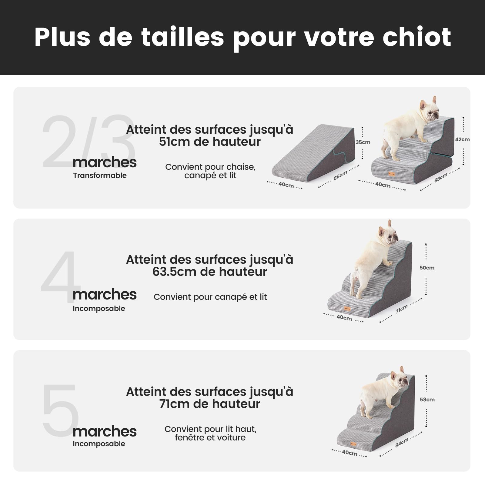 Gardner Pet Escaliers pour Chiens 2 en 1 3 Marches Éponge Haute Densité 35cm 42cm Antidérapant Gris