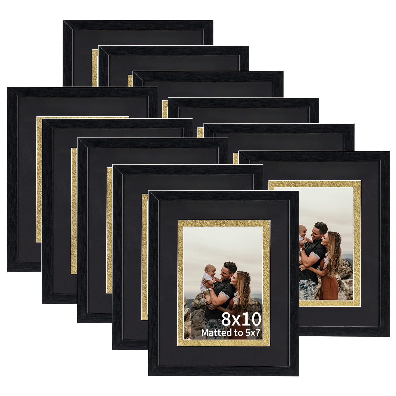 Rempry 8x10 Black Picture Frame, Display Picture 5x7 with Black and Gold Double Mat or 8x10 Without Mat, Tabletop and Wall Mounting Photo Frames, 11 Pack