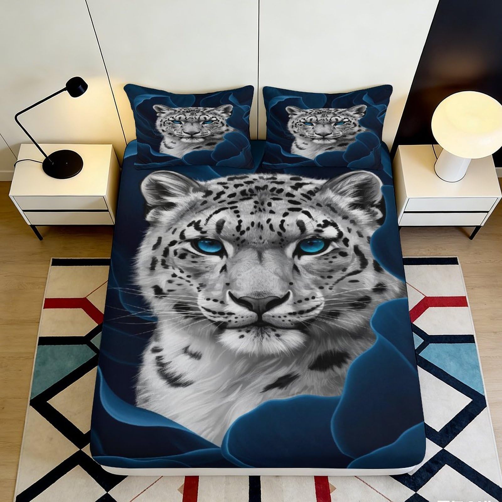 3D Printed Snow Leopard Fitted Sheet Microfiber Deep Pocket Bedroom Bedding Snow Leopard Mattress Fitted Cover Non-Slip for Adults Teens 160x200x25cm