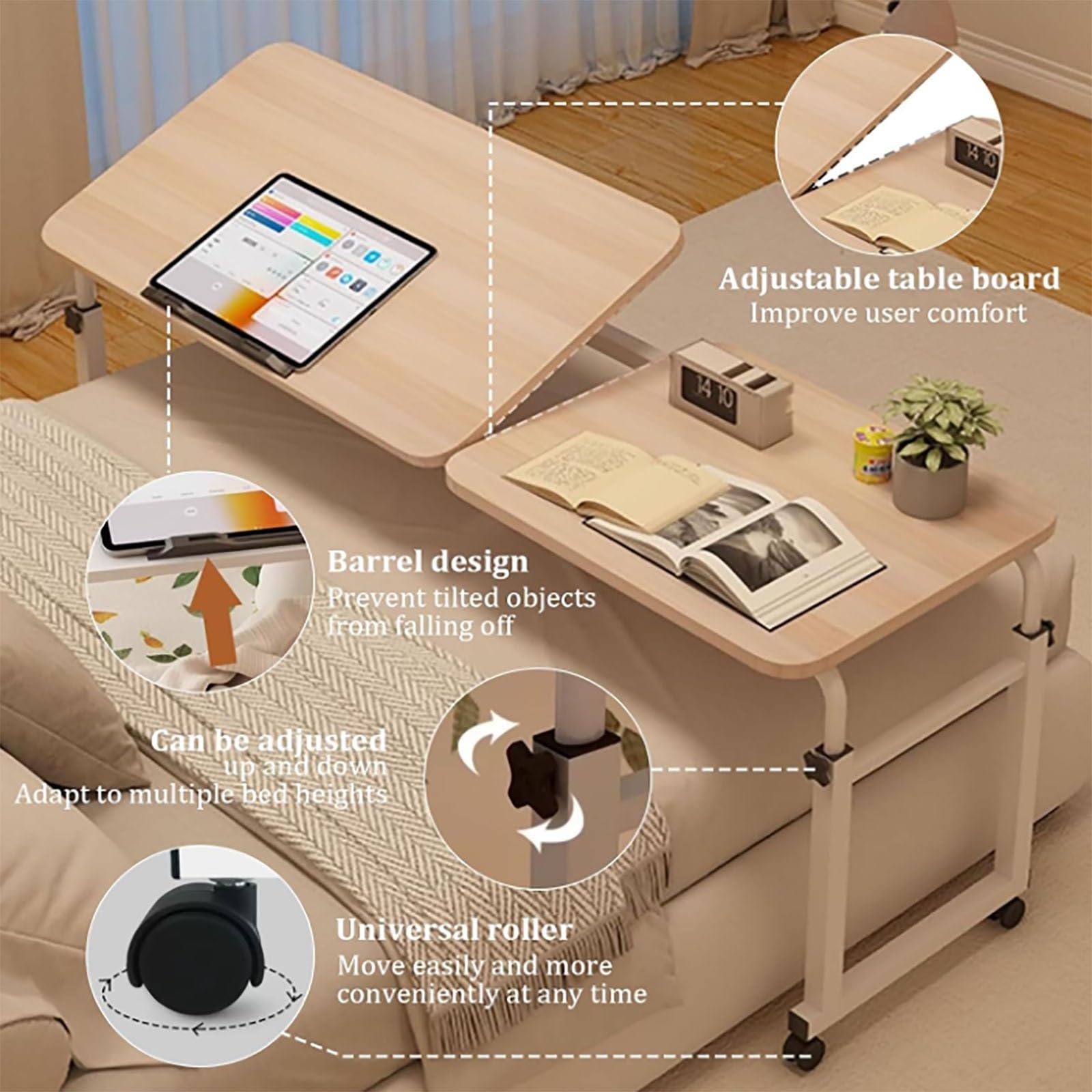 Mesas auxiliares para Cama, Altura Ajustable con Ruedas: Escritorio versátil para Colocar sobre la Cama, Mesa móvil para Comer y Ordenador (Color: A)