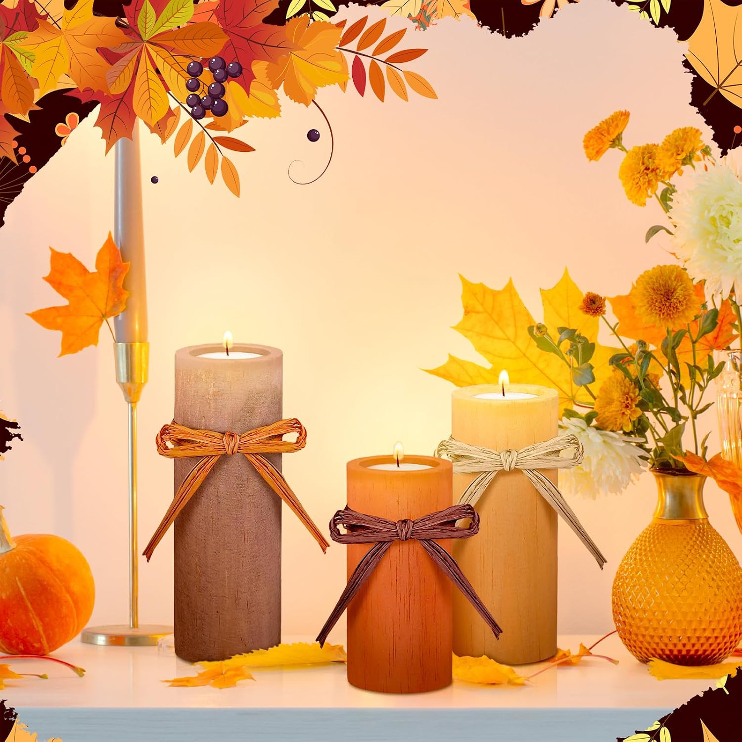 MTLEE 3 Pcs Fall Wood Candle Holders Fall Style, Soy Wax Tea Light