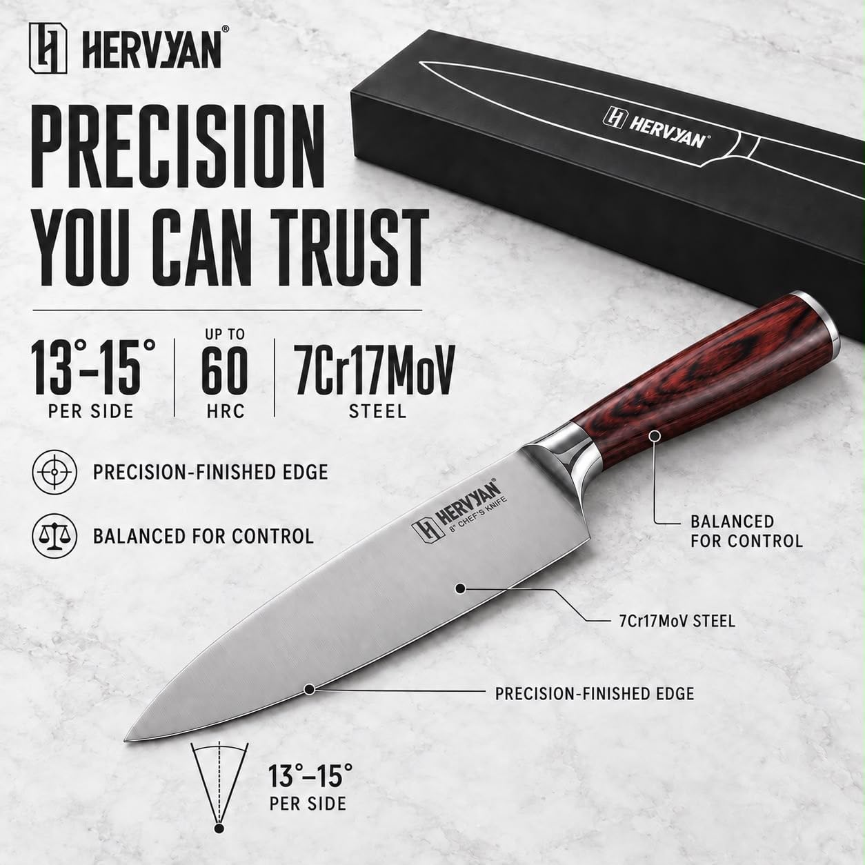 8 Inch Professional Chef Knife 13°–15° Edge German-Inspired Precision Blade High-Carbon Stainless Steel, Ergonomic Pakkawood Handle, Blade Guard and Gift Box for Home Cooks and Restaurants — Amazon image 3