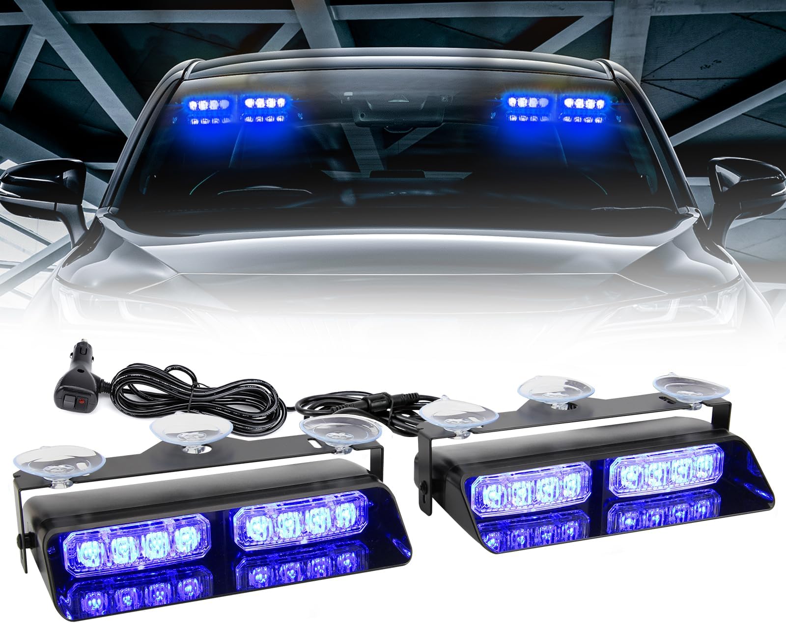 I LITTON Blue 2-in-1 Car Windshield Dash Strobe Recovery Light, 12V Flashing Beacon Light with Suction Cups, 16 Flash Modes Emergency Strobe Light for Trucks Van Vehicles Snowplow Lorry