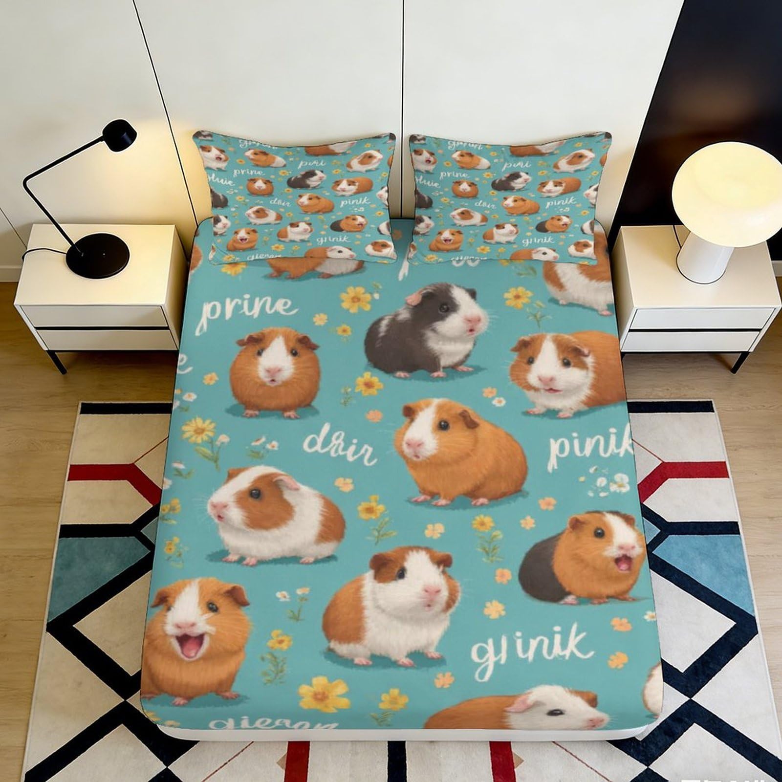 3D Printed Guinea Pig Pattern Fitted Sheet Microfiber Anti-Slip Mattress Cover Blue Animal Decor for Bedroom Guestroom 90x200x25cm