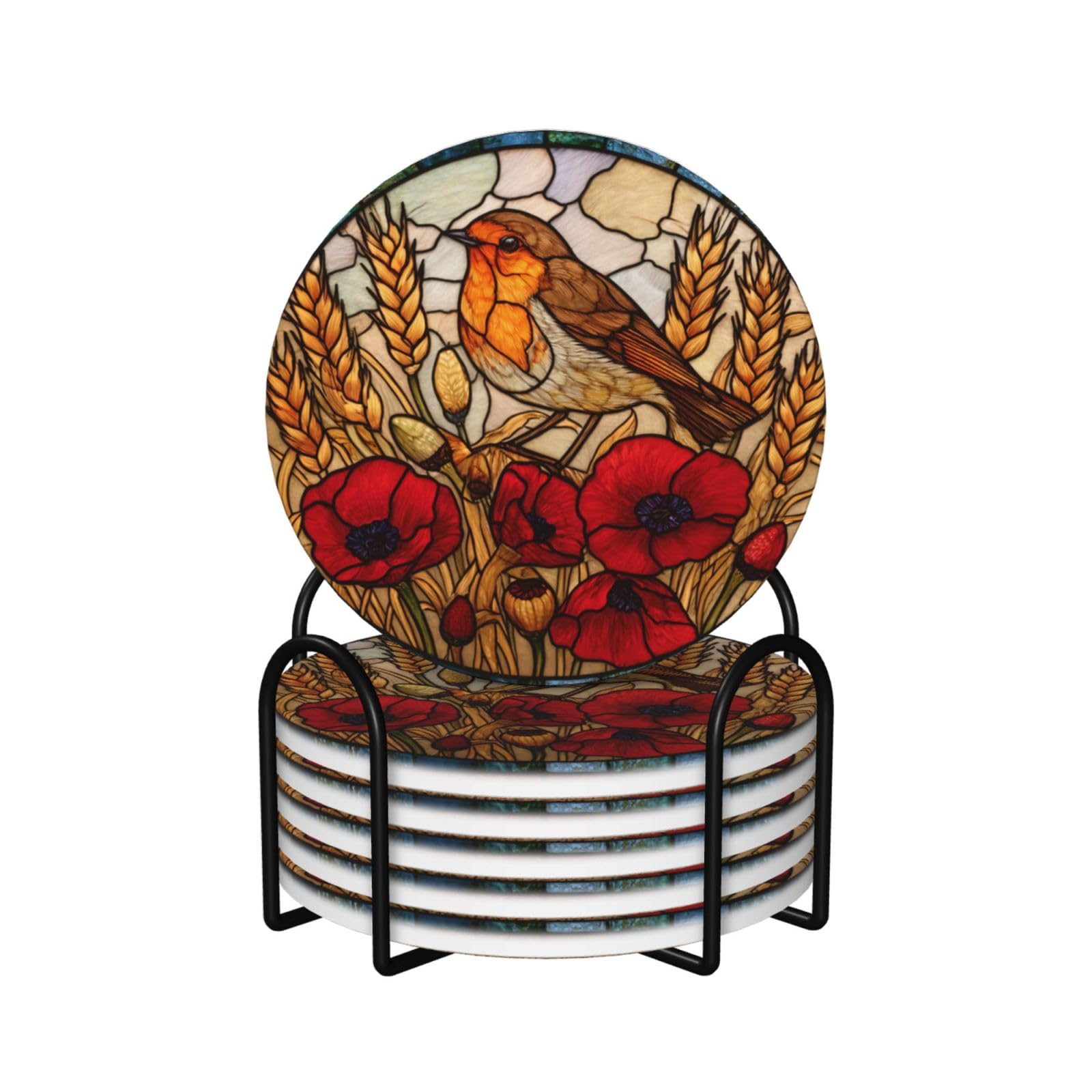 Stained Glass Bird Wheat and Poppy Flowers Ceramic Coasters with Holder 6ps