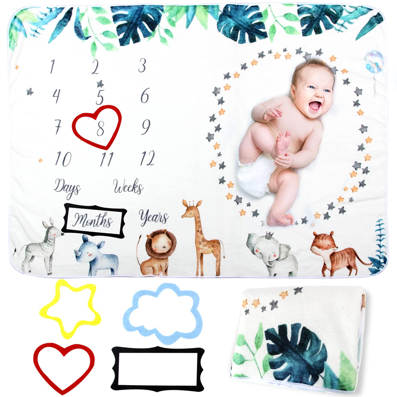 Coperta mensile per bambini, motivo pietra miliare per bambini, unisex, per immagini, leone, giraffa e zebra, con 4 cornici in feltro, Natale, nuove mamme e la crescita dell'età (101.6 x 127 cm)