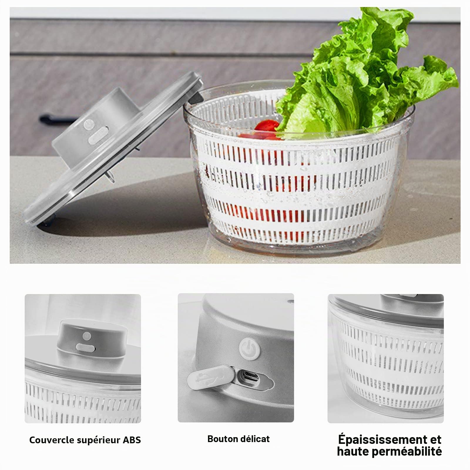Essoreuse à Salade Automatique, 4000ML Grande Capacité Essoreuse Salade Déshydrateur électrique, saladier pour Servir, Rechargeable par USB mixeur Salade