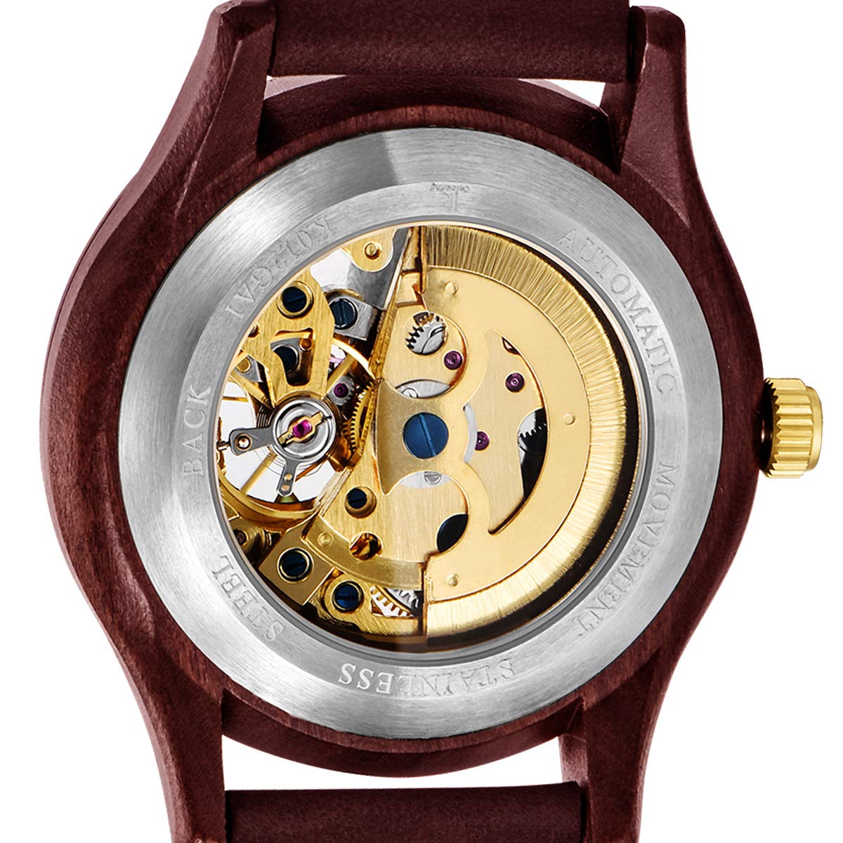 Alienwork IK Wood Automatikuhr Armbanduhr Herren Damen Natur-Holz Glasboden