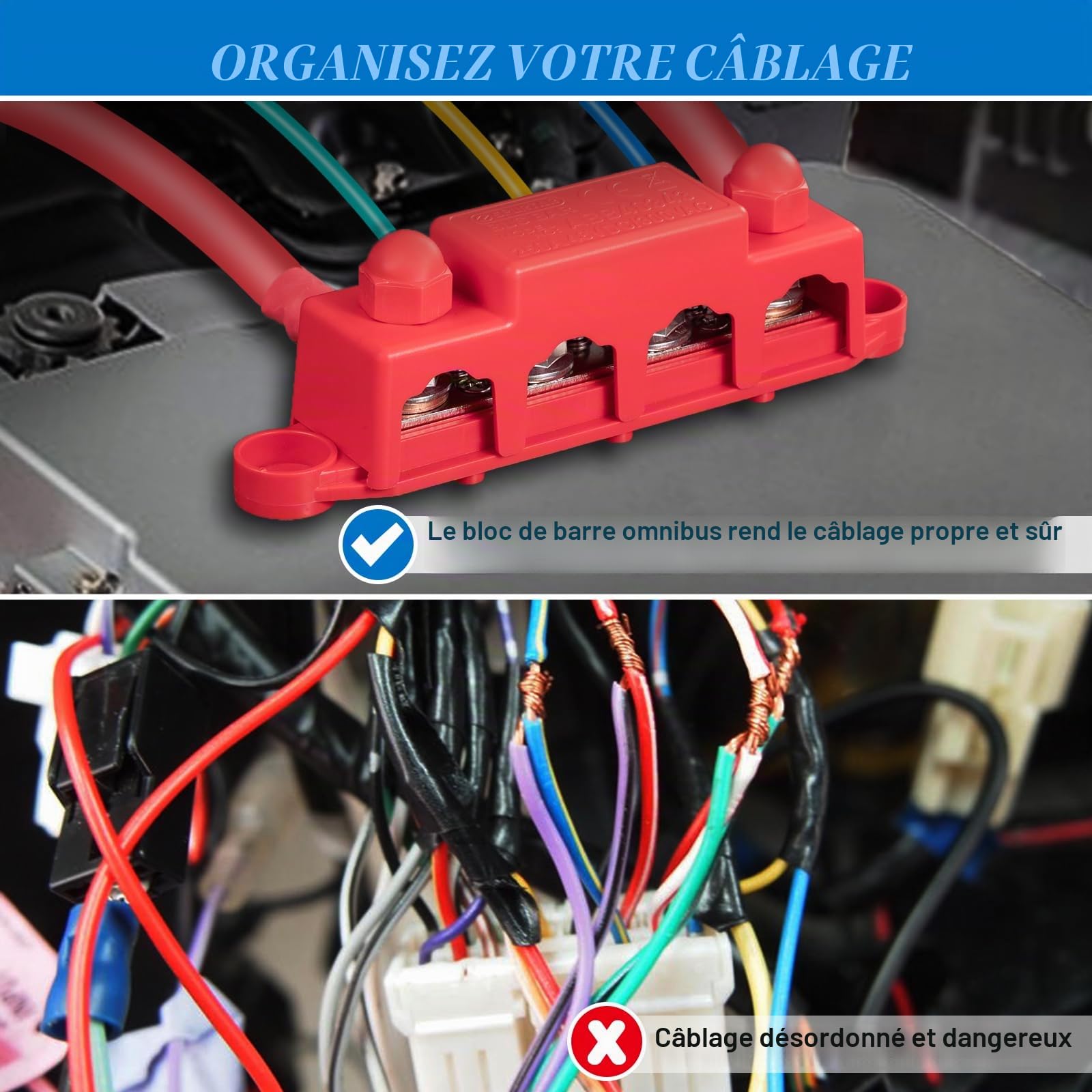Spurtar Bloc de Distribution 12V 24V 48V DC 250A BusBar avec 4 x M10 Boulons et 3 x M4 Vis, 16,5 × 3,4 × 4,8 cm – Ne Convient Pas aux Espaces Étroits