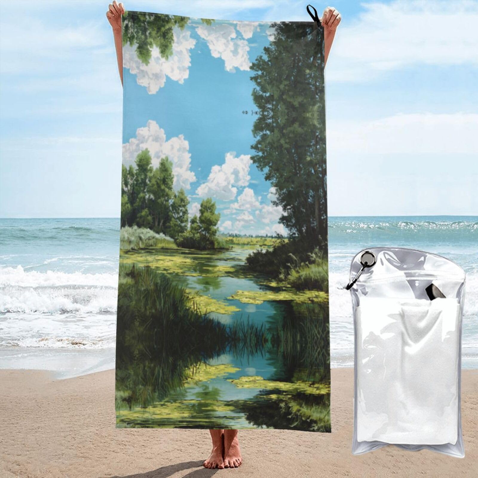 ESNAIUVCD Wetland Scenery Print Beach Towel, Microfibre Sauna Towel, Quick-Drying Fitness Towel, Lightweight And Thin Portable Sauna Towel