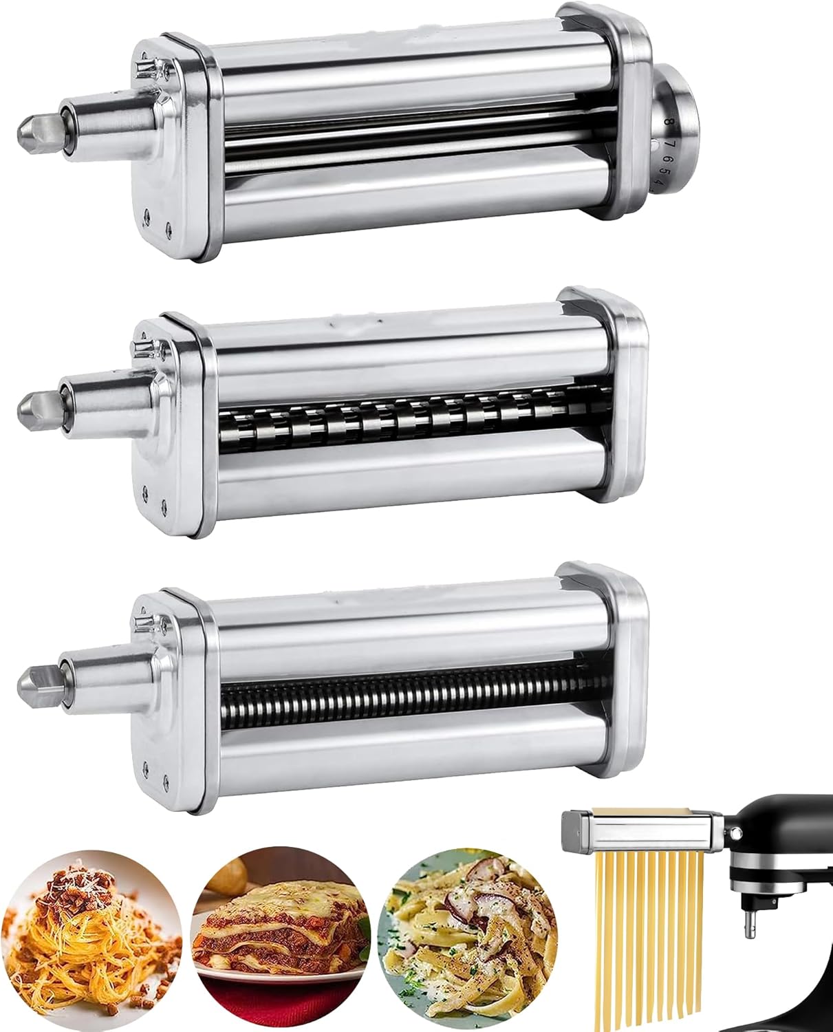 HOMGEN Pasta Attachment Set for All KitchenAid Stand Mixer Included Pasta Sheet Roller, Spaghetti Cutter Stainless Steel Pasta Roller Accessories with 8-Speed Adjustable, 3 Piece