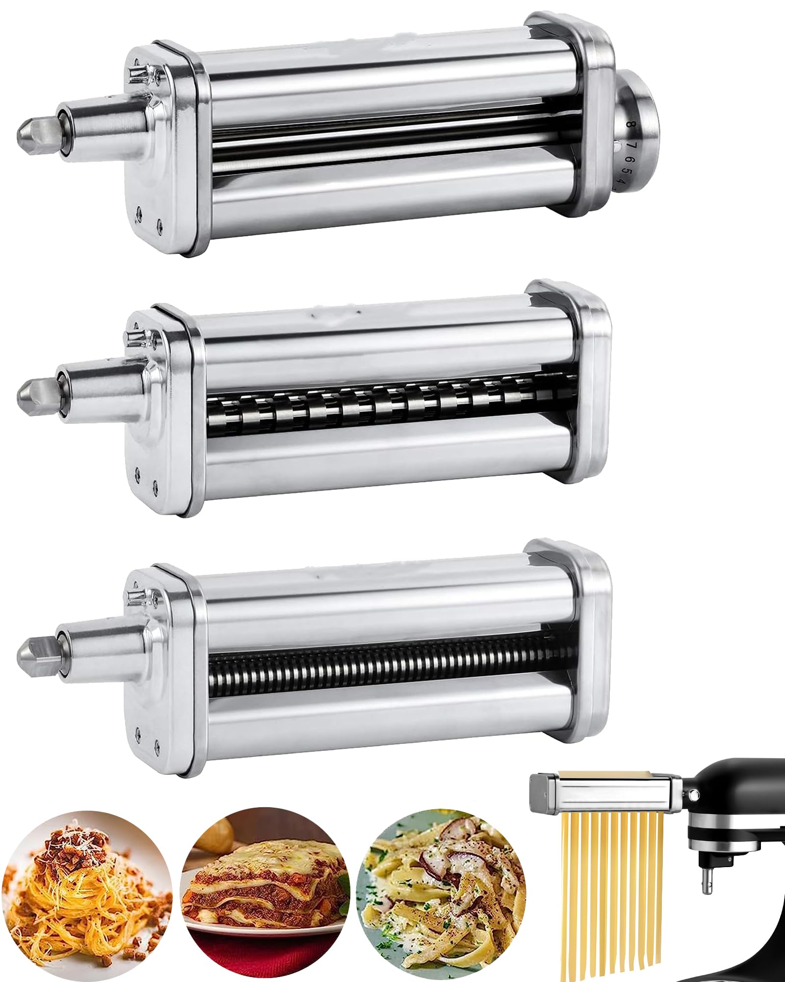 3 Pack Pasta Attachment Set for All Kitchenaid Stand Mixer Including Pasta Sheet Roller, Spaghetti Cutter, Fettuccine Cutter with 8-Speed Adjustable to Enjoy Cooking Fun