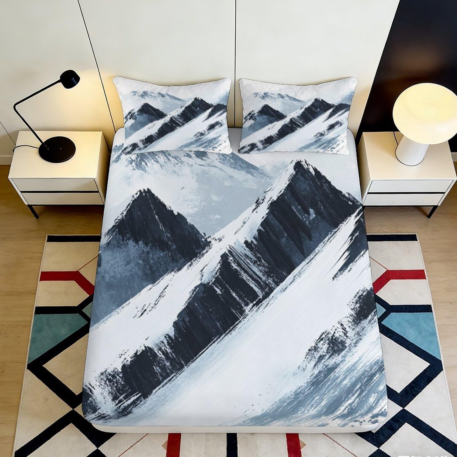3D Printed Mountain Landscape Fitted Sheet Microfiber Soft Grey Blue Abstract Peaks Bed Cover for Bedroom Guest Room 90x200x25cm