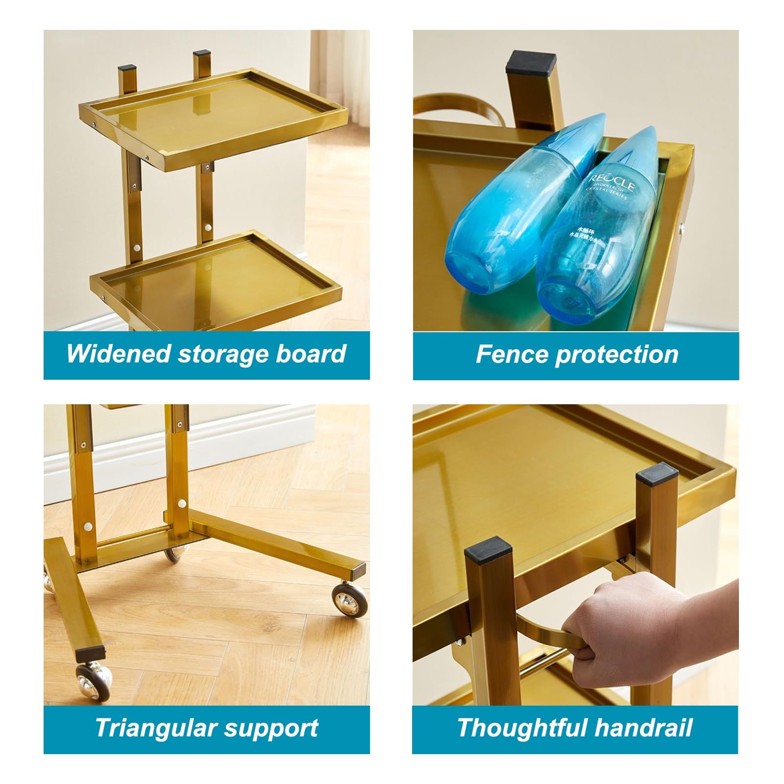 Carrello da cucina a 2 ripiani in metallo con ruote, pieghevole, per estetiste e parrucchieri, elegante finitura dorata, perfetto per uso domestico e professionale