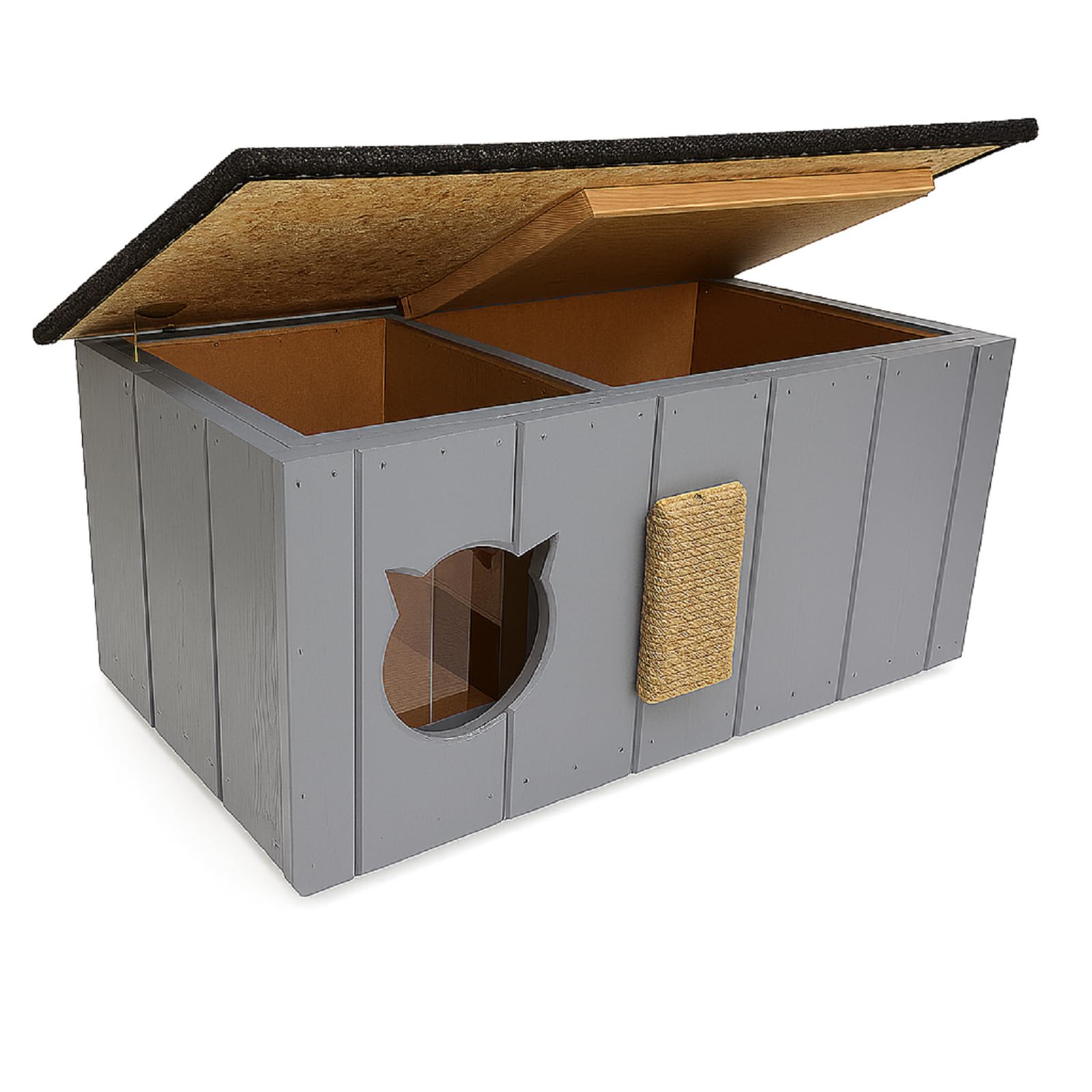 QLS Katzenhaus aus Holz mit Vorraum isoliert 86 x 47 cm Grau