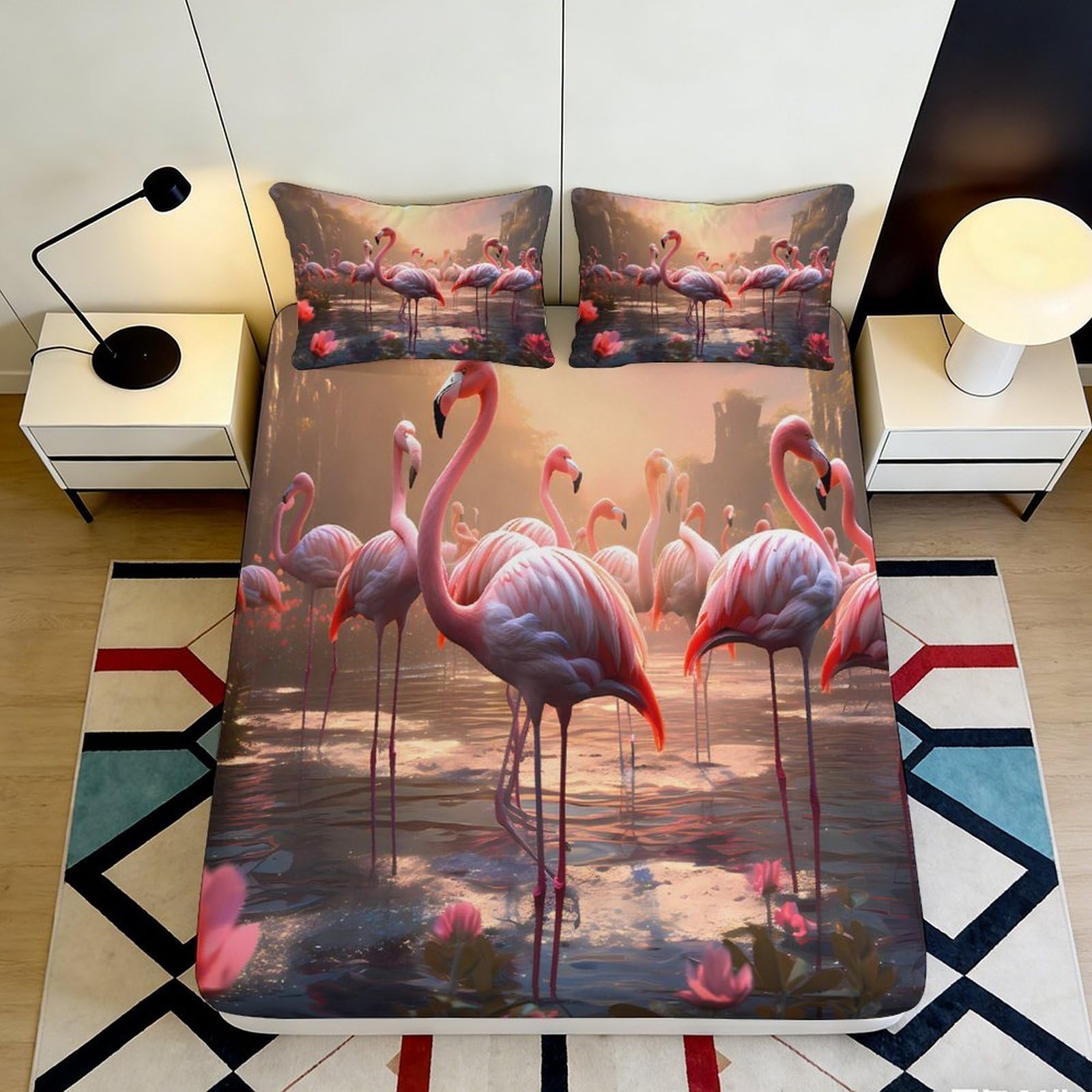 3D Printed Flamingo Fitted Sheet Microfiber Soft Breathable Sunset Lake Bed Cover for Bedroom Dormitory Guest Room Mattress Protection Decor 120x200x25cm