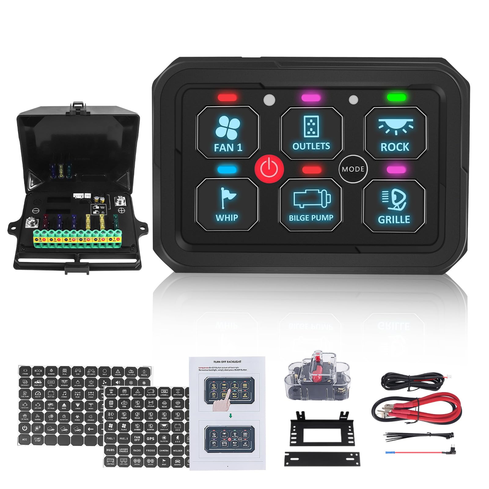 Chelhead Panel przełącznika RGB 6 Gang Auto Dimming 12V/24V IP65 | Panel sterowania Automatyczne ściemnianie podświetlenia, 4 tryby przełączania (przełącznik, puls, lampa błyskowa, stroboskop)