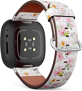 CJBROES Replacement Leather Watch Band, Compatible with Fitbit Versa 3 and Fitbit Sense of Wristband Bracelet Accessory - Small-Spring-Bouquets-Rose-Peony