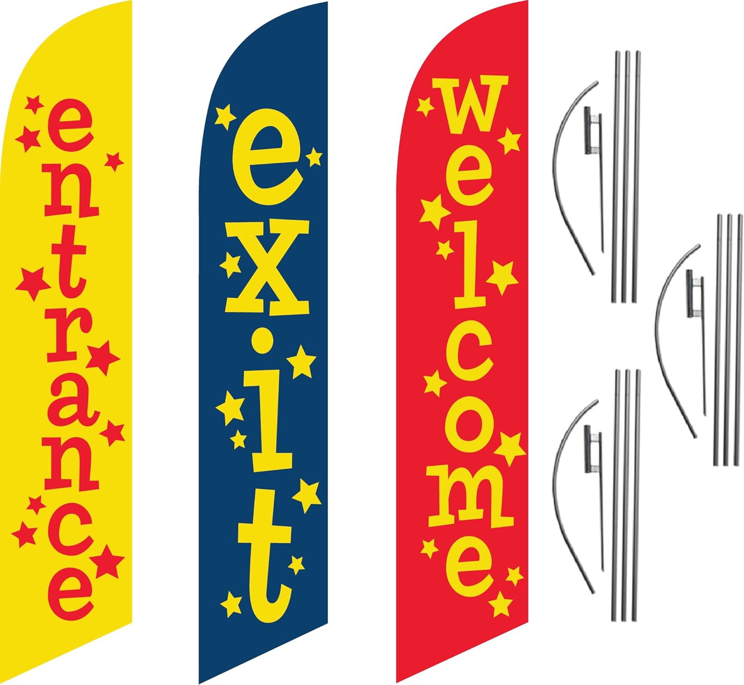 GLOBAL ADVERTISING SOLUTIONS Entrance Exit and Welcome Feather Flag Eye Catching Banner Sign for Business and Marketing Complete Set of Three with 15 ft Pole Kits and Ground Spikes