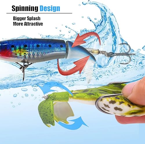 Miniatura 2 de Topwater - Kit de señuelo de pesca para lubina, cola de hélice de arrastre más grande, cebo de rana de plástico suave, ojos 3D, patrón de cuerpo