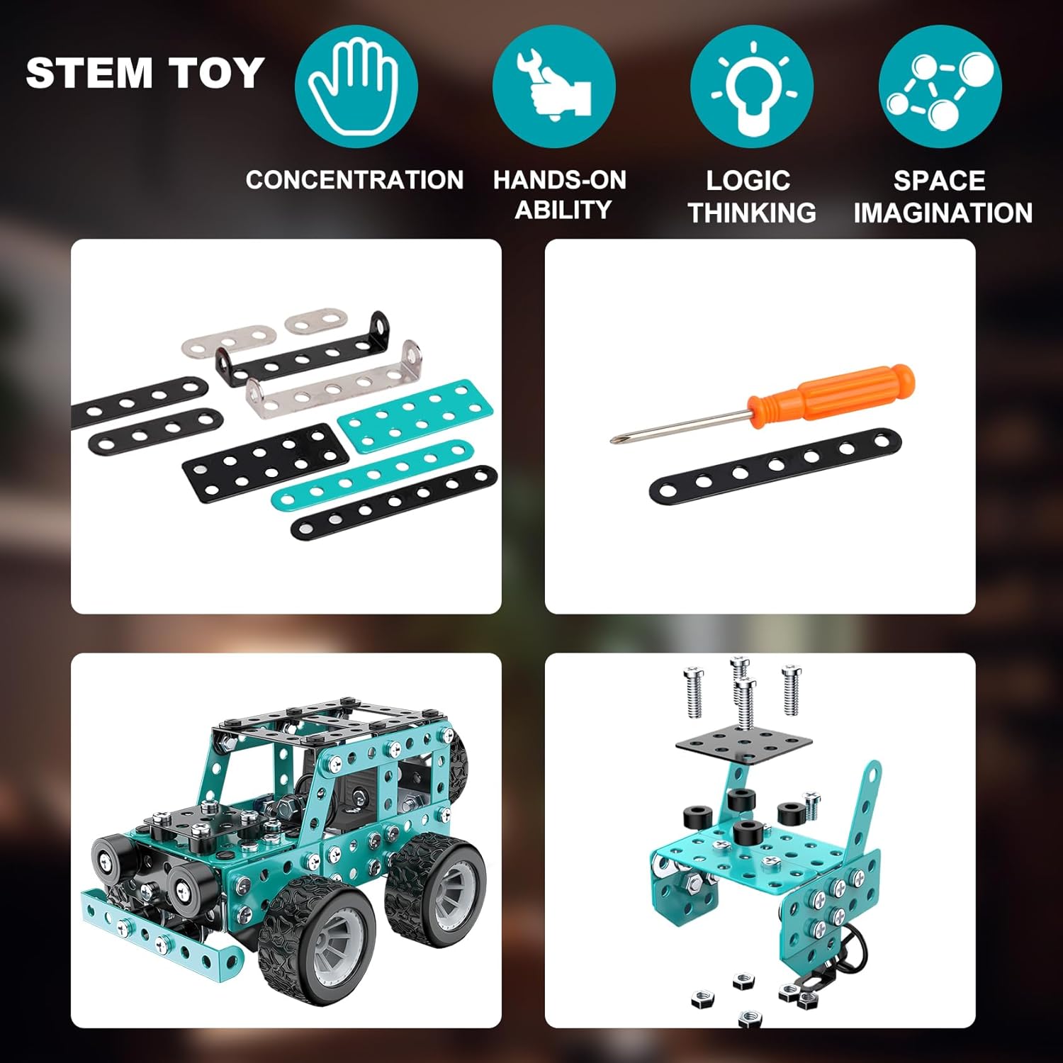 Buildable 3D Metal Engineering Kit 194-Piece STEM Set for Ages 8-16 Develops Logic Skills DIY Project Ideal Gift for Kids (Blue)