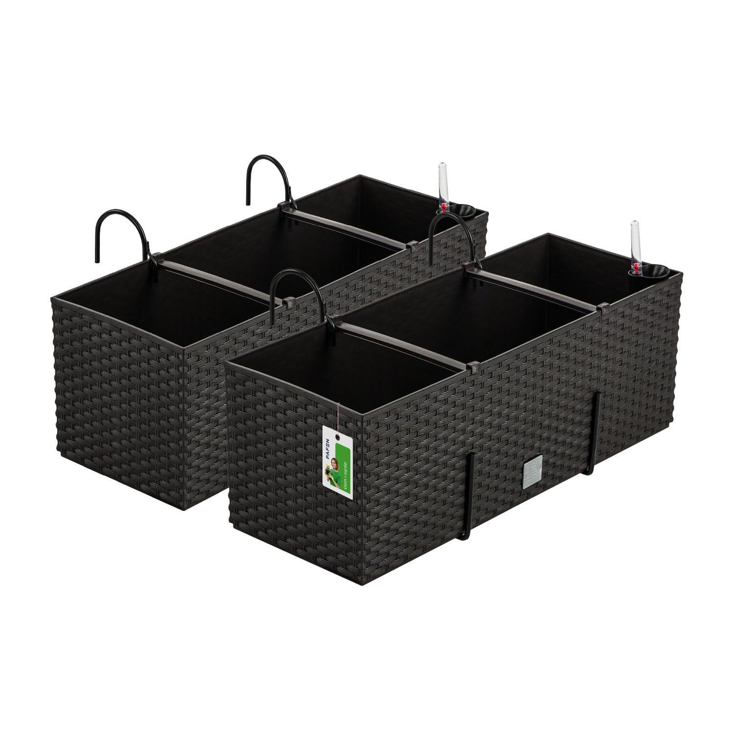 Lot de 2 pots de fleurs, aspect rotin, avec supports de fixation, indicateur de niveau d'eau, convient au balcon