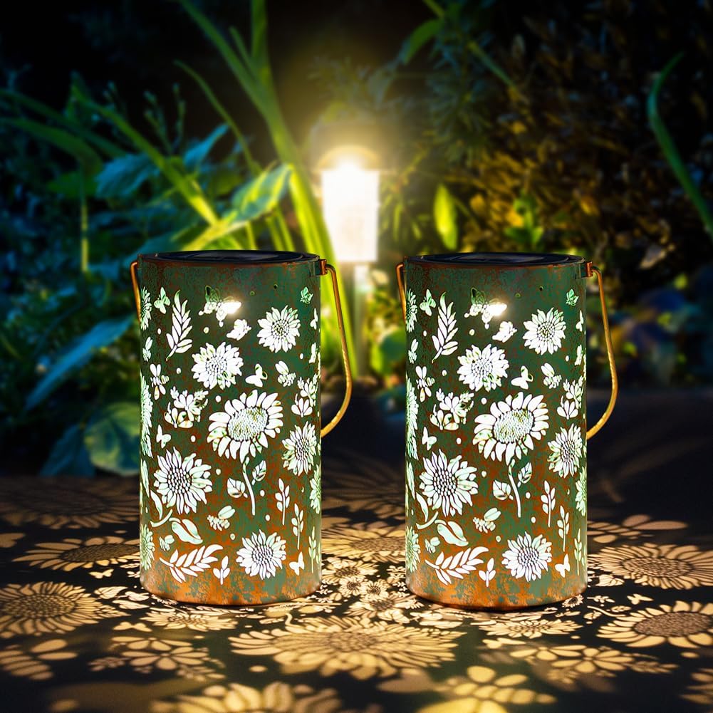 Solar Lanterns Outdoor Waterproof,Hanging Solar Lights for Garden Decor Outside,Sunflower Gifts for Women,Metal Lanterns Decorative Outdoor for Yard,Patio,Backyard,Porch-2 Pack