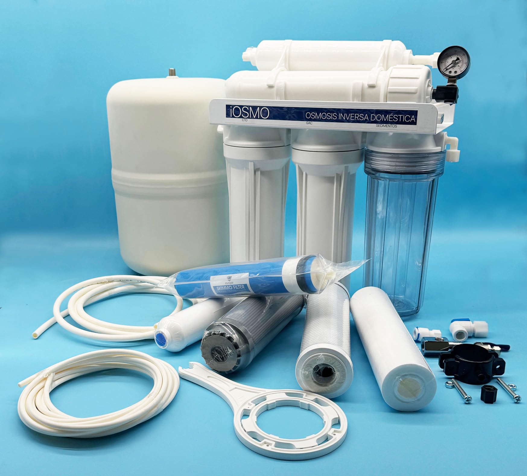 Equipo de Ósmosis Inversa Domestica iOSMO | Ósmosis Inversa 5 Etapas + 2 Recambio Filtros | Filtros y Membrana Universales | Diseño Exclusivo para iFONT (Fabricante: Hidro-Water S.L)