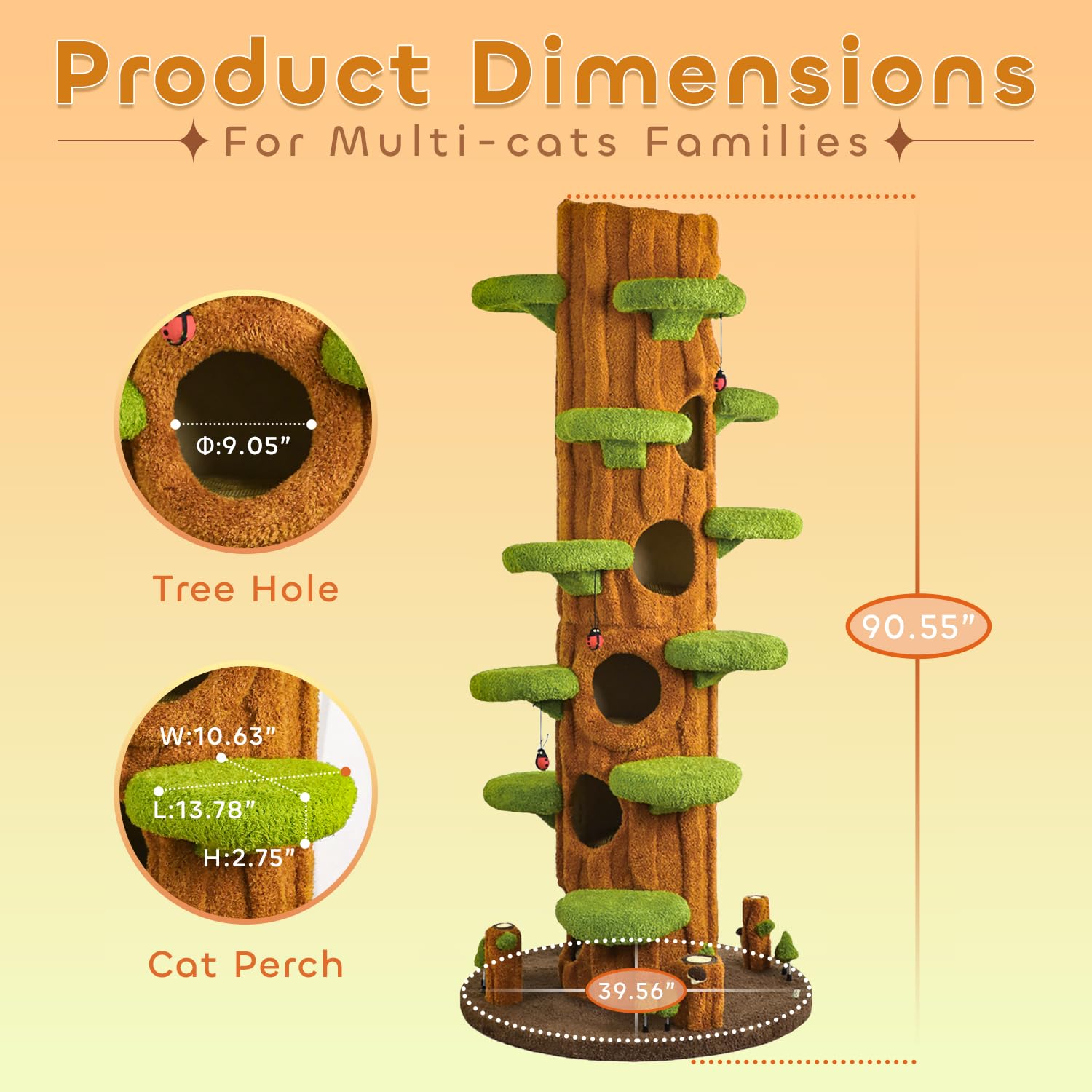90.5'' Luxury Cat Tree for Indoor Cats, All-in-One Tall Cat Tower with Scratching Post, Multi-Level House, Solid Wood Condo for Multi-Cat Families (Green)