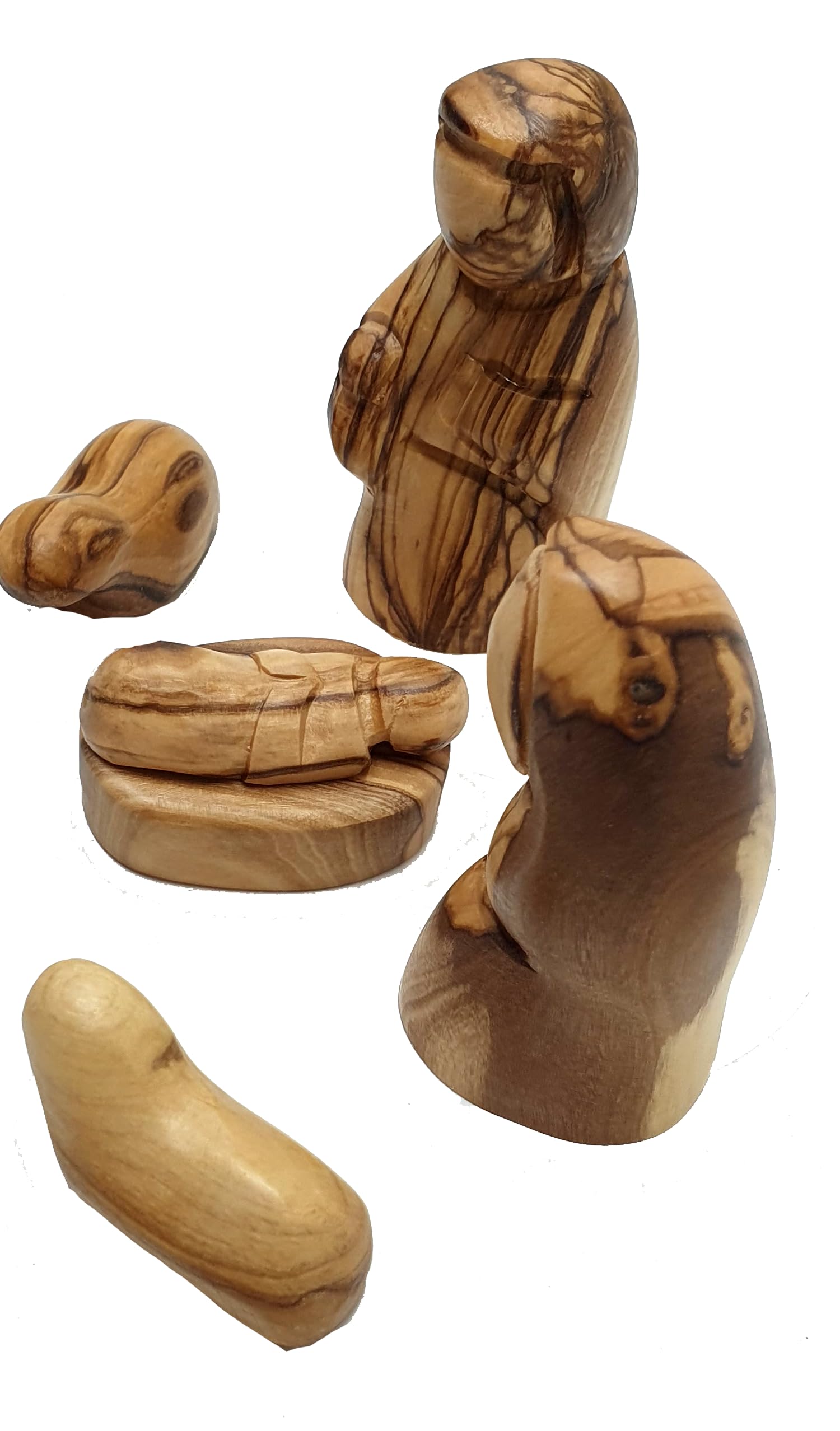Hand Carved Olive Wood Holy Family Nativity Set - Faceless Joseph, Mary & Jesus From Bethlehem, 3.9 Inch