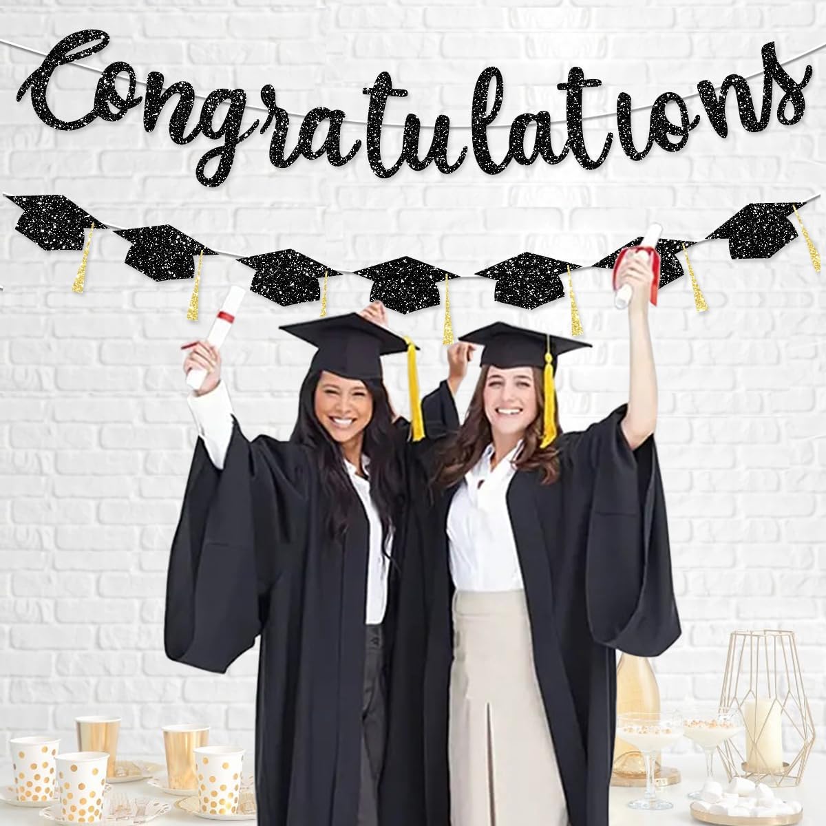 Pre Strung Congratulations Decorations Banner Graduation Class of 2026 Black Glitter Congrats Grad with Tassel Party Decor College High School Favors Black NO DIY - Image 4