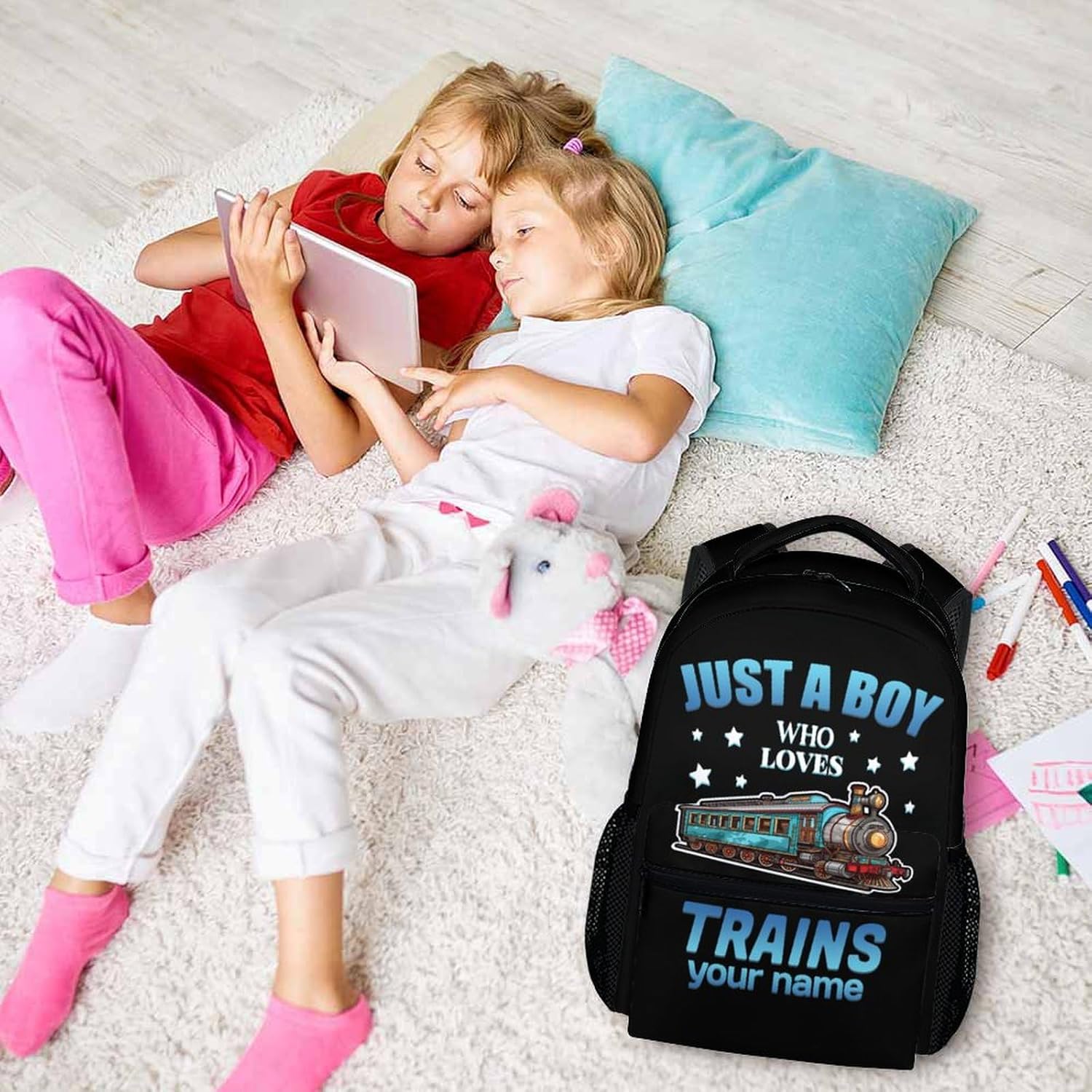 Personalized Kids School Backpack for Boys, 17" Black Train Backpacks for Elementary, Cool Pattern Large Capacity Bookbag for Travel