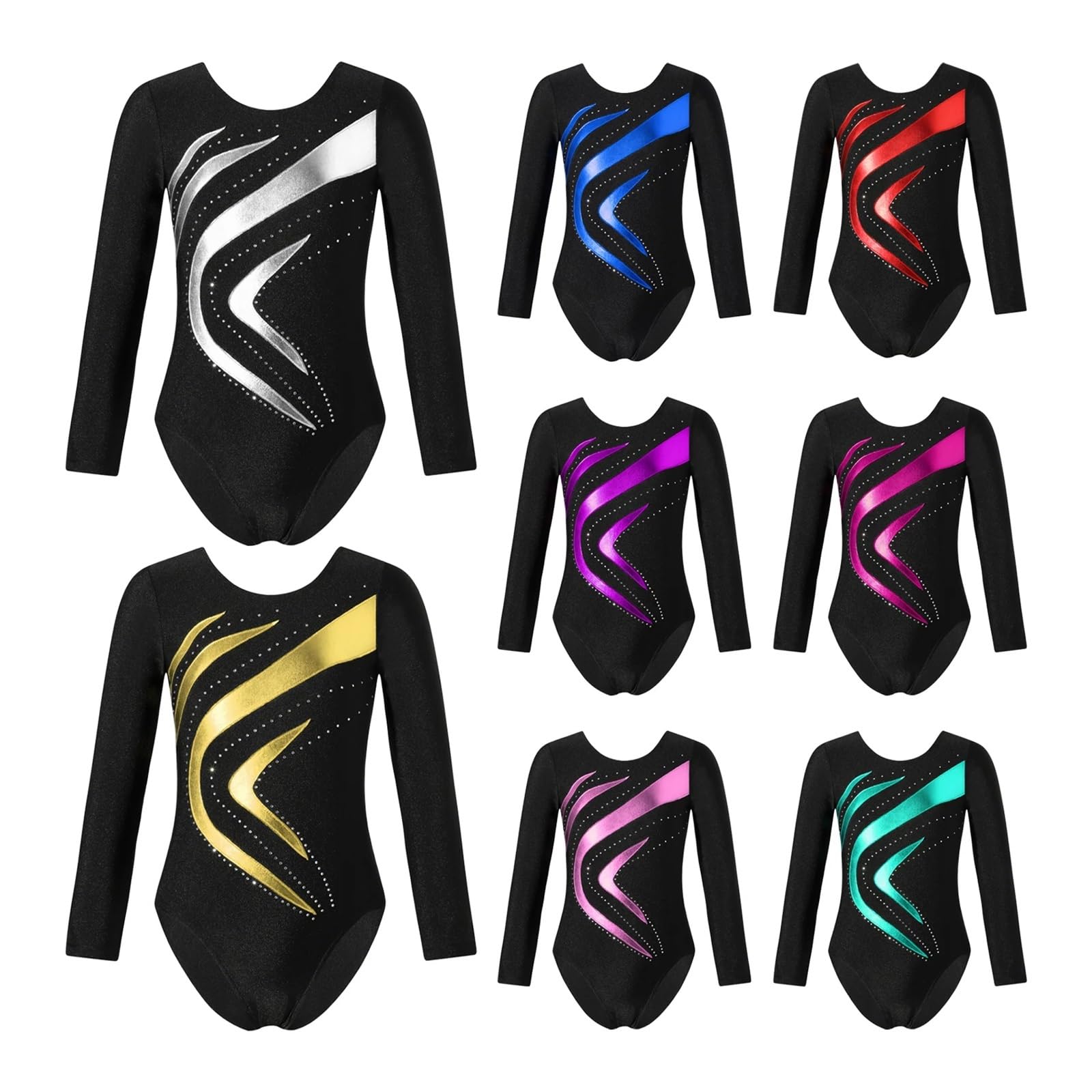 Gymnastikanzug Mädchen Mädchen Ballett Tanz Bodysuit Sport Gymnastik Ganzanzug Langarm Glänzender Strass Bronzing Stoff Slim Fit Tanztrikots(8)