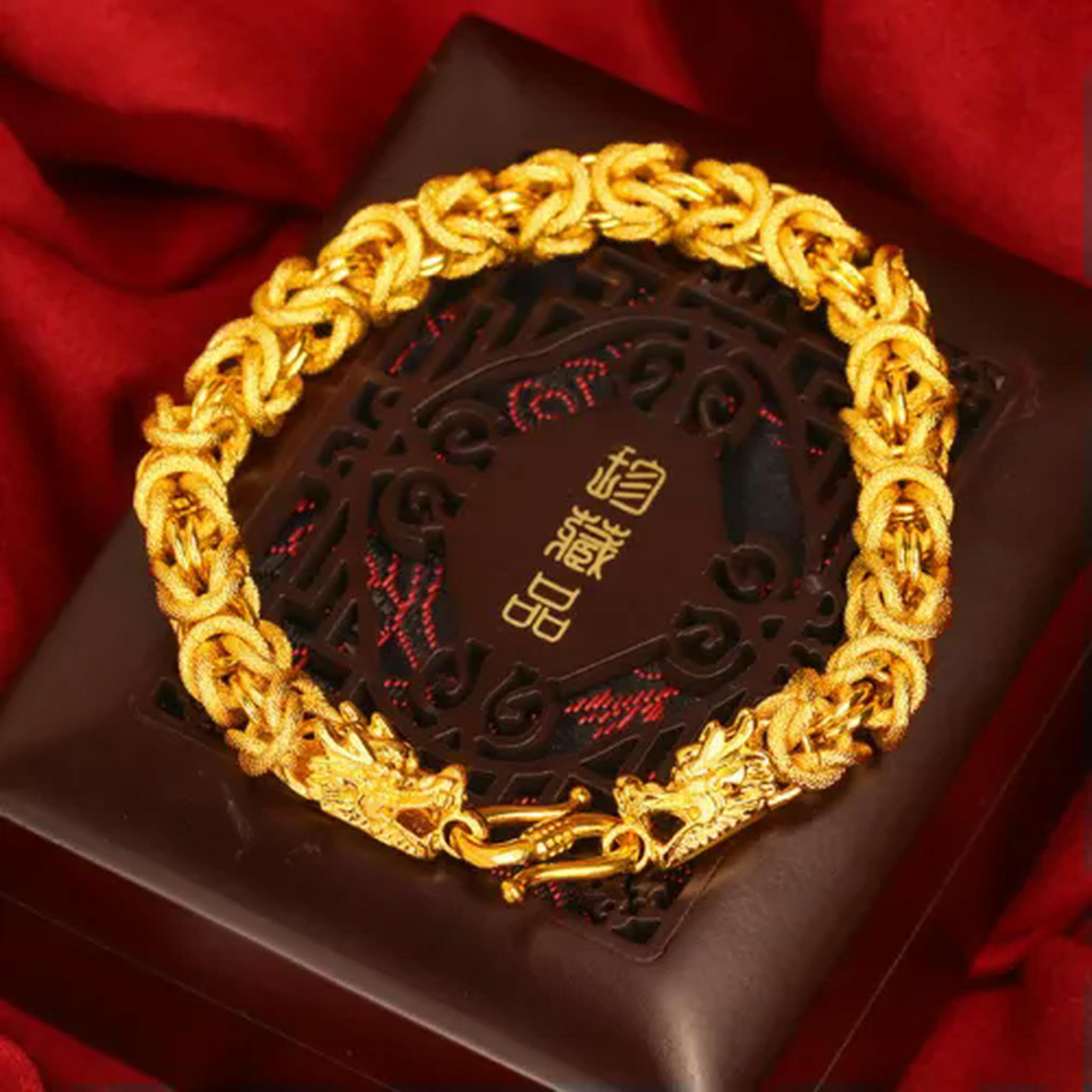 Collier et Bracelet pour Homme plaqué Or Jaune 24 carats avec Deux têtes de Dragon