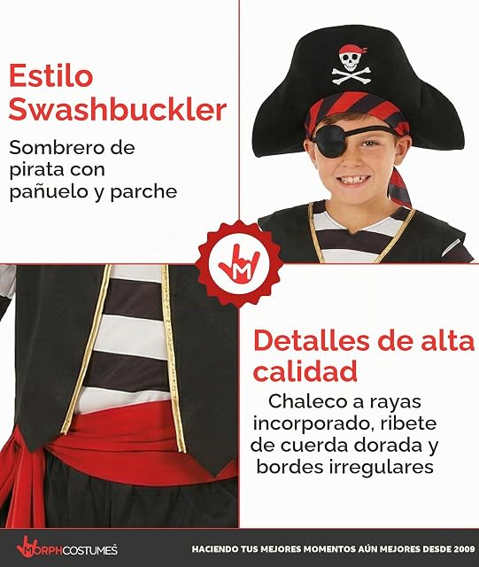 Foto 3 de 8 de Morph Disfraz Pirata Niño, Disfraz Bucanero Halloween Niño, 7-9 años