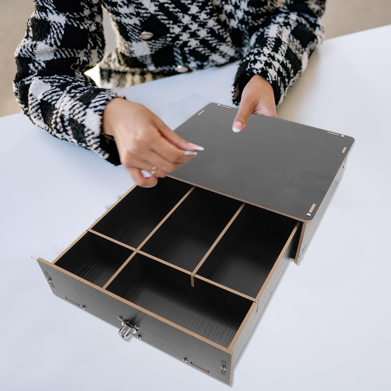 NUOBESTY Vassoio Porta Monete in Legno Scomparti Multipli, Salvaspazio e Clip per Fissare Contanti, per Negozi e Supermercati