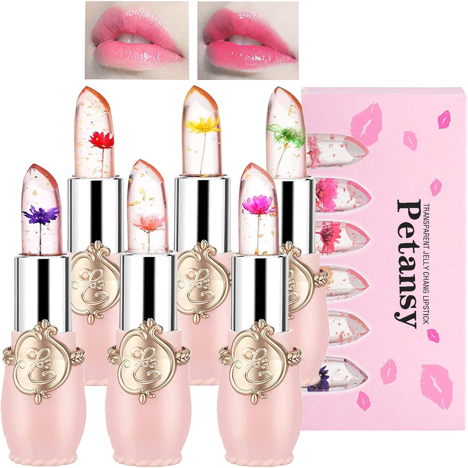 Petansy 6 Pack Crystal Jelly Flower Lipstick Set Nutritious Temperature Change Lip Balm Long Lasting Moisturizer Lip Gloss Magic Color Change Lip Stick Set