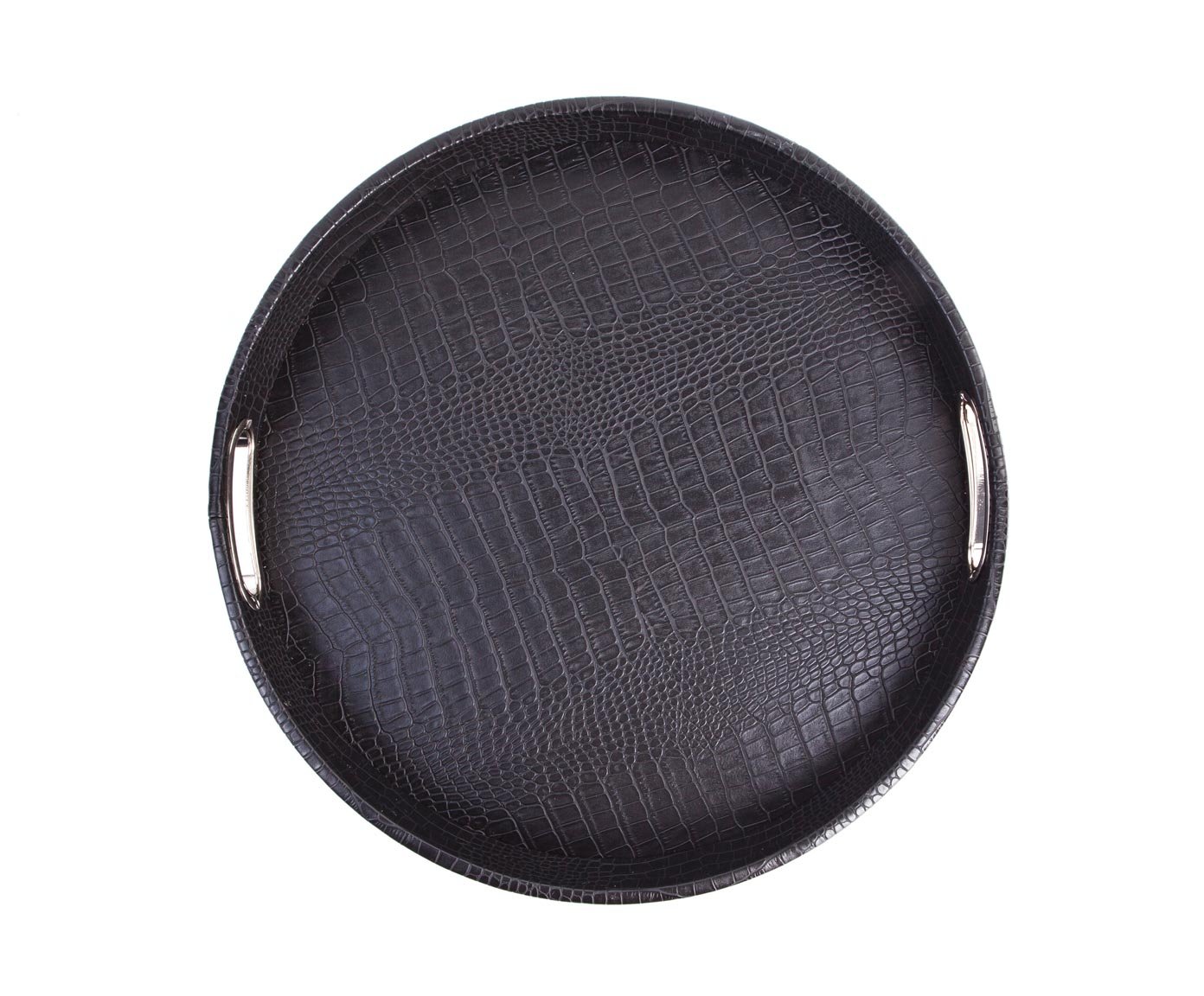 AP-101-A03-E - Bandeja (Redonda, Superficie de Cuero con impresión de Piel de cocodrilo, Asas de Acero Inoxidable, se Puede Limpiar con Agua, 42 x 42 x 6 cm), Color Negro