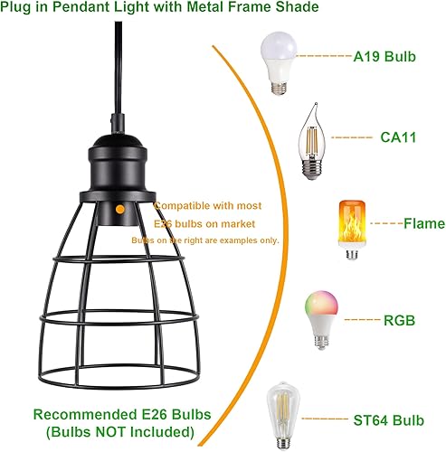 Miniatura 2 de LIT-PaTH Iluminación colgante enchufable, kits de luz colgante con interruptor de encendidoapagado, cable de 15 pies, bombillas no incluidas, negro,