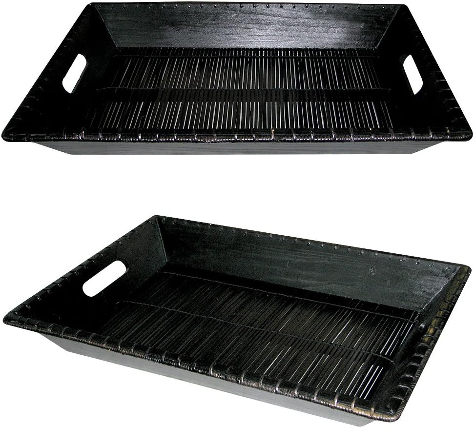 Elegant Large Rattan Serving Tray with Bamboo Wood Handles. Measures (22.5 x 15.25 x 3 Inches) Black