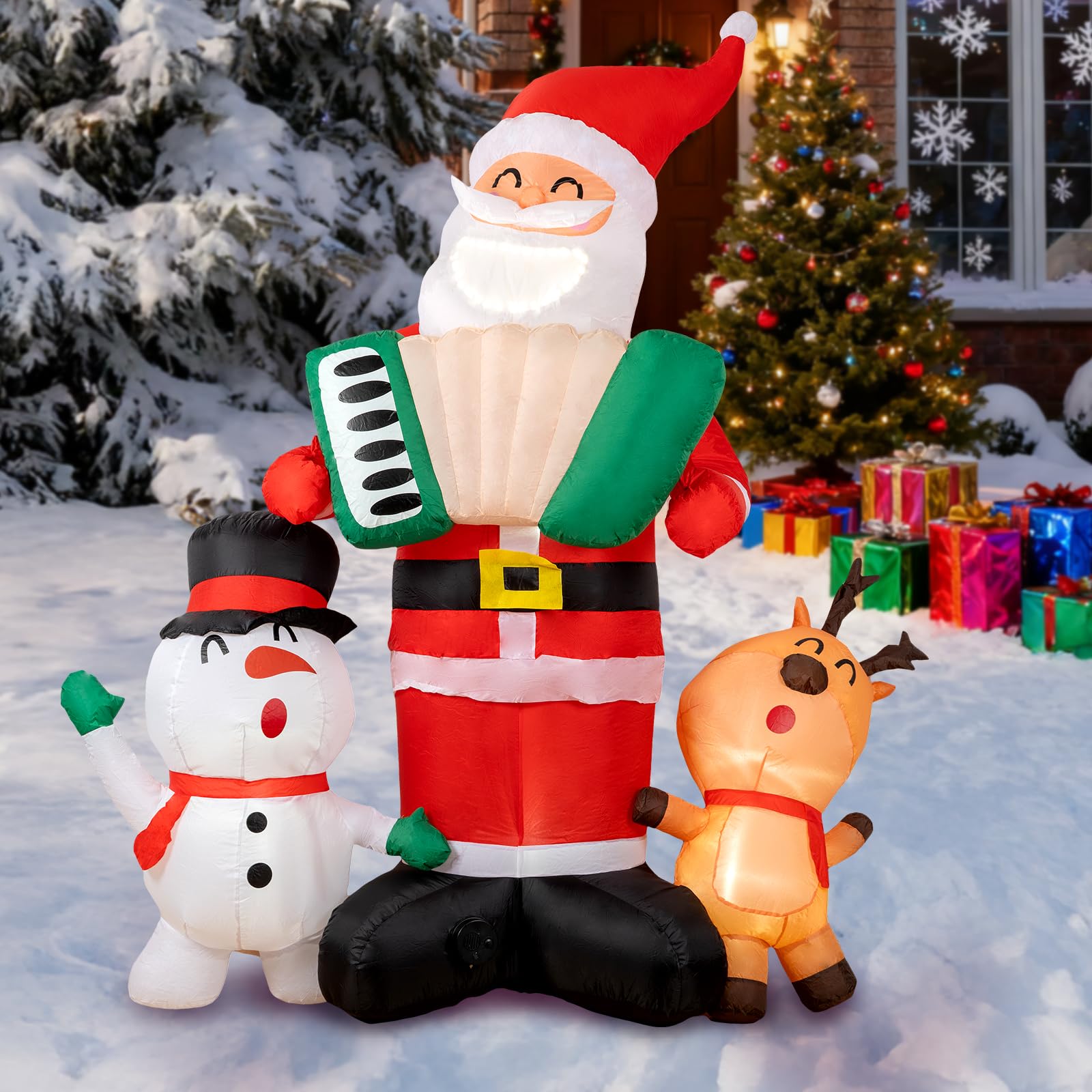 Décoration de Noël gonflable de 2.4m avec Père Noël accordéoniste et lumières LED pour jardin