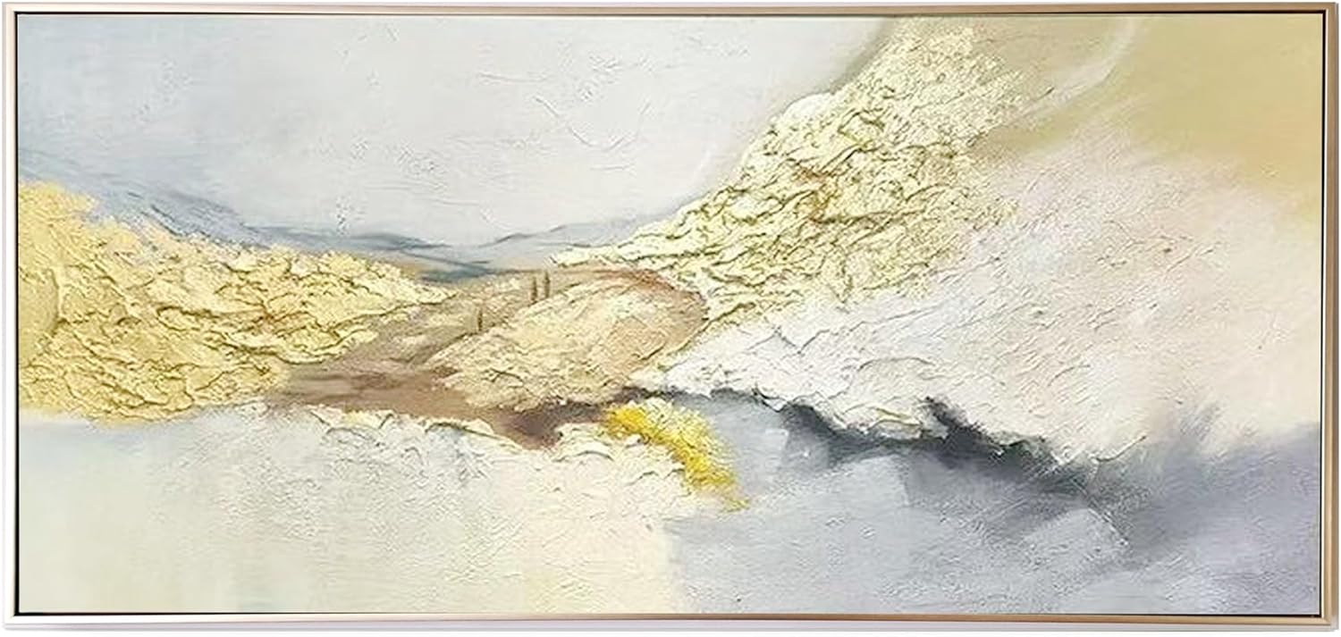 Modern 100% Hand Painted Abstract Oil Minimalist Grey White Canvas Wall Art Painting Gold Foil Art Frame for Wall Decoration Gifts Decor