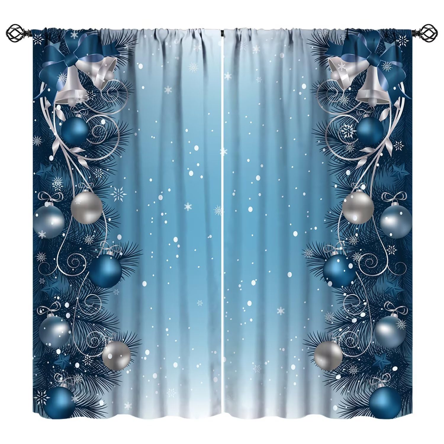 JESTRONRY Christmas Curtains, Blue Christmas Background with Branches Ribbons Snowflakes Xmas Theme Blackout Rod Pocket Window Drapes for Living Room