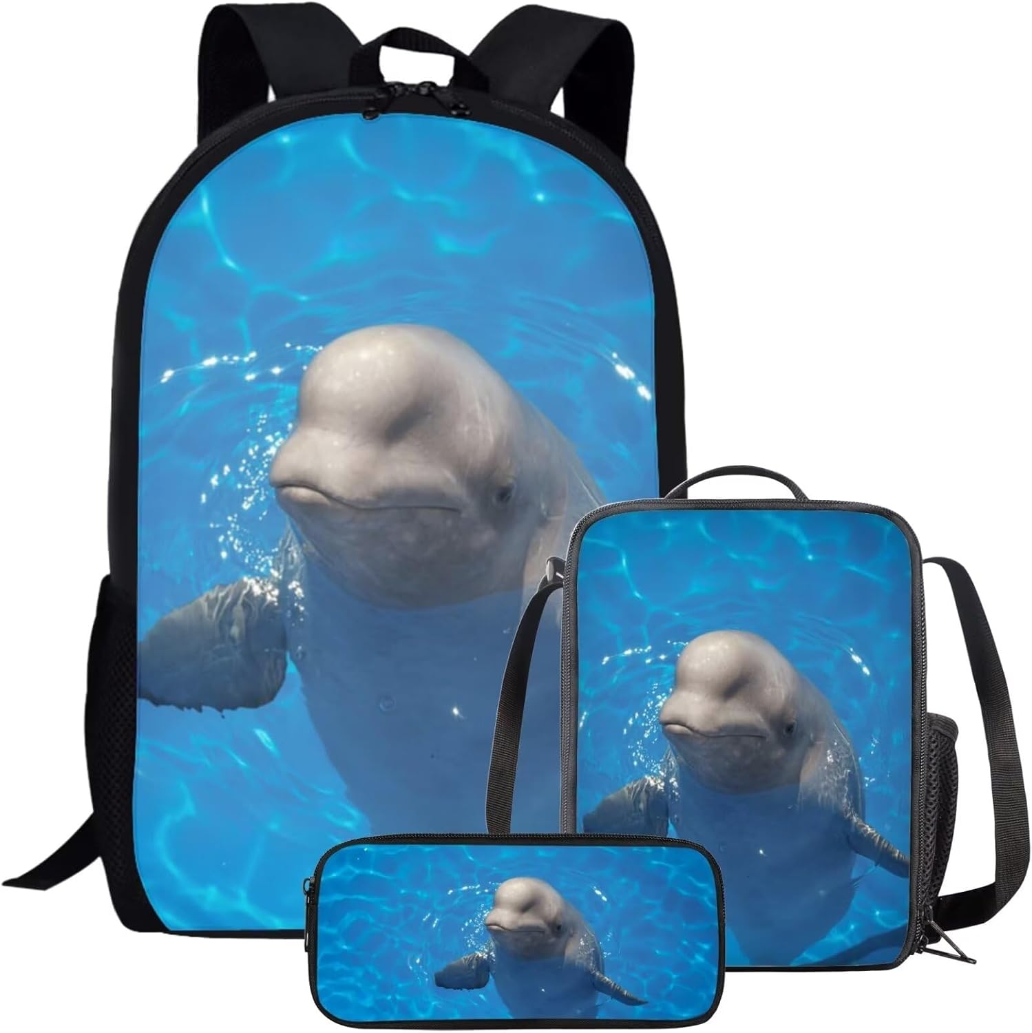 Girls Boys School Backpack with Lunch Box Pencil Case Comfy Padded Lightweight Beluga Whales Backpack Set Kids Cute Bookbag Insulated Lunch Bag Student Large Capacity Daypack 17 Inch