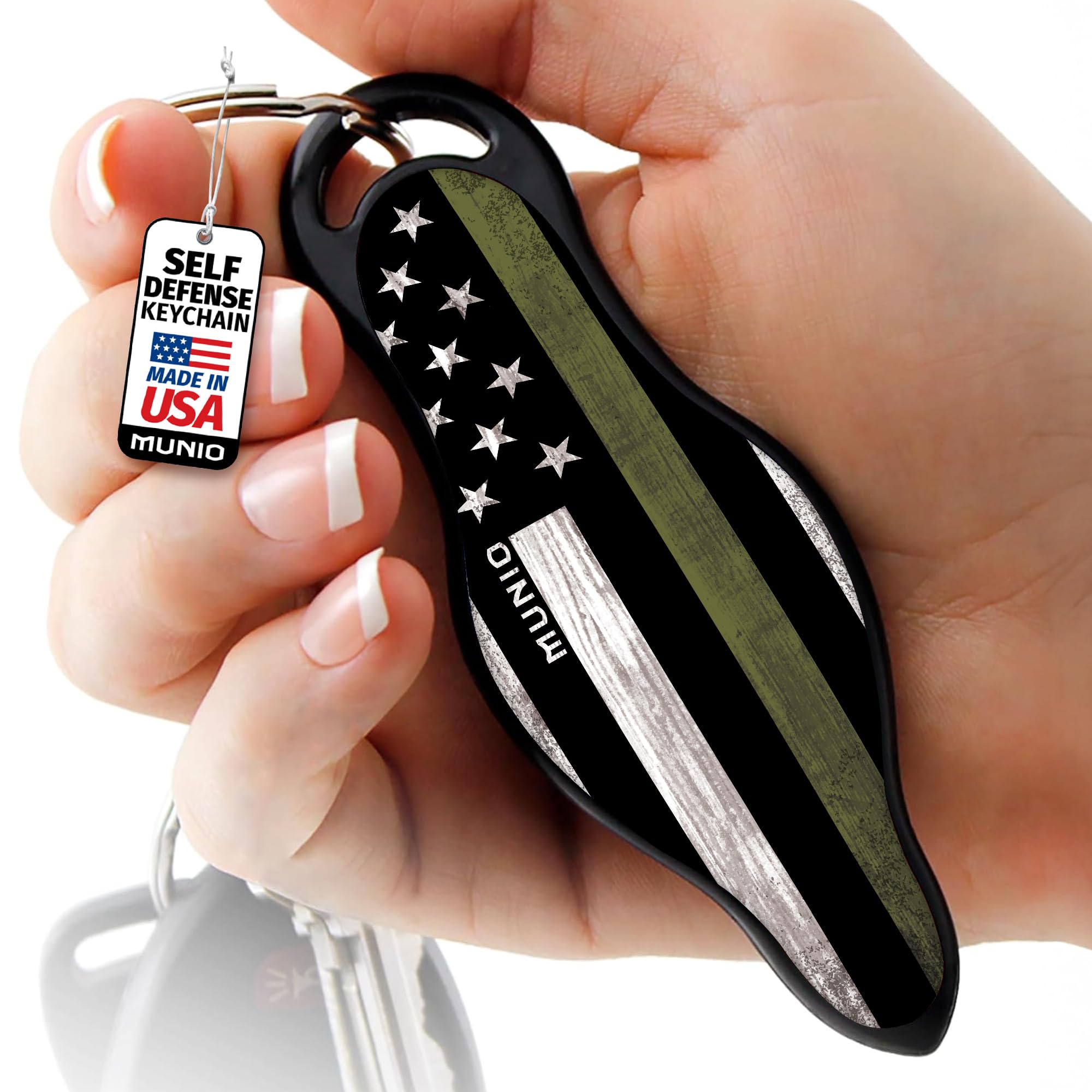 MUNIO Self Defense Keychain – Lightweight, Stylish & Portable Safety Tool for Women & Men – Non-Lethal Kubotan, Easy to Use, TSA Approved – Made in USA – Thin Green Line Design