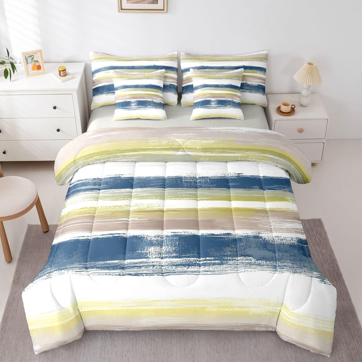 Erosebridal Khaki Yellow Blue Full 7Pc Bed Set, Abstract Art Ombre Gradient Bedding Comforter Sets for Girls Boys Kids, Colorful Graffiti Oil Painting Bed in a Bag with Sheets, Aesthetic Room Decor