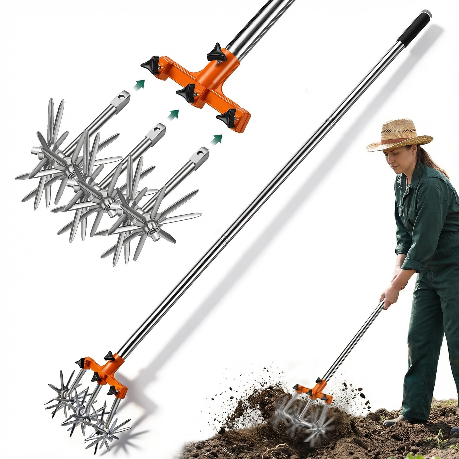 Rotary Garden Cultivator, 173.5 cm Hand Tiller with 3 Spiked Wheels