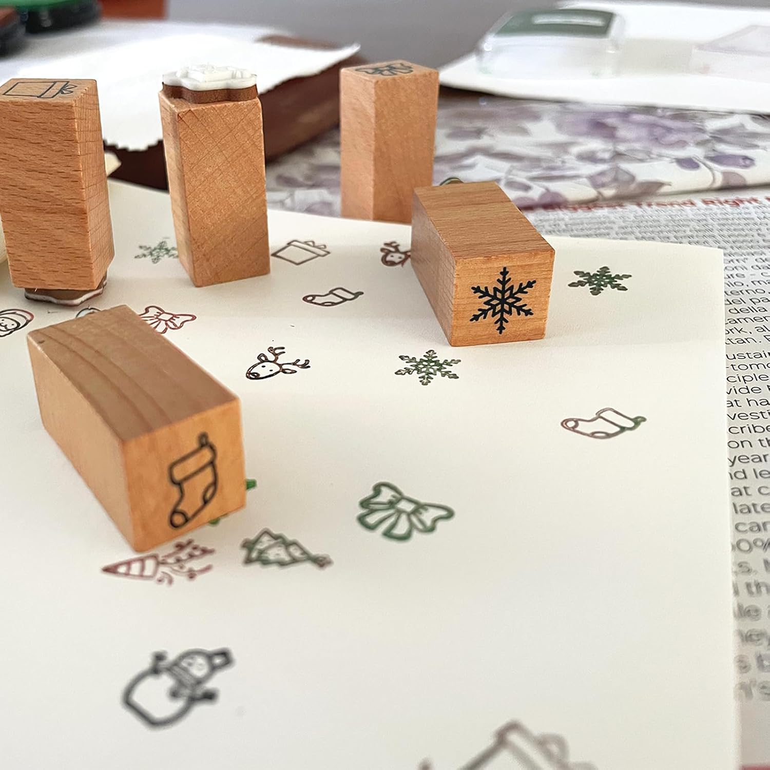 9 Pcs 3/5 Inch Small Christmas Wood Rubber Stamps Set, Santa Claus Snowflake Snowman Reindeer Stocking Christmas Tree Box Bow & Firework for DIY Greeting Cards, Scrapbooking, Gift Wrapping