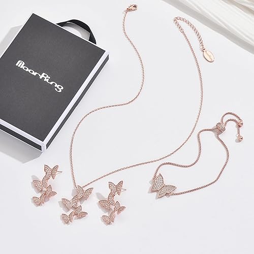 Miniatura 6 de Juego de collar y pulsera con aretes de mariposa, chapado en oro de 14 quilates, delicado juego de joyas de mariposa con circonita cúbica, regalos