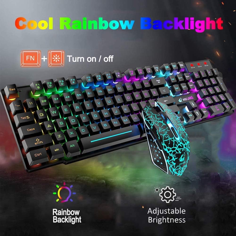 Hottest Sale Wireless Gaming Keyboard and Mouse,Rechargeable Rainbow Backlit Keyboard Mouse with 3800mAh Battery,Mechanical Feel Gaming Keyboard,7 Color Gaming Mute Mouse,Gaming Mouse Pad for PC Gamers(Black)